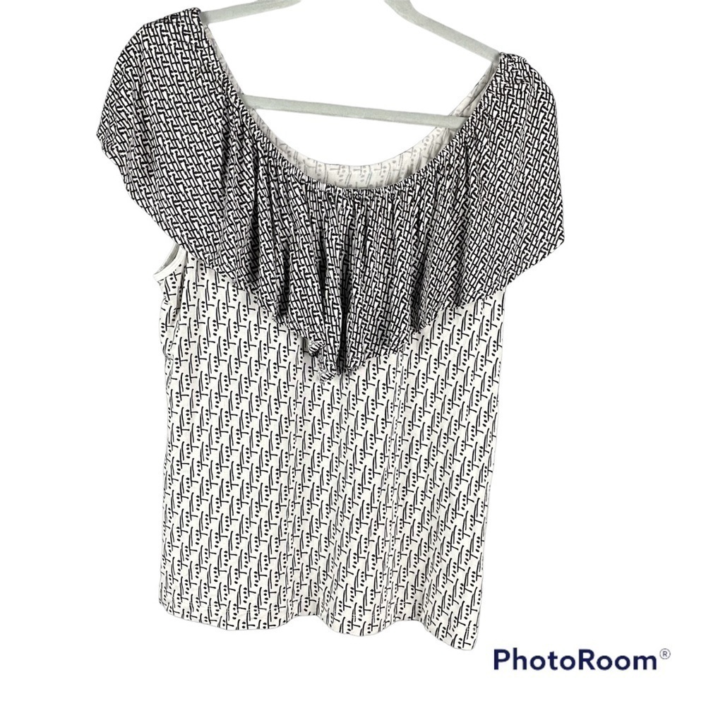 Anthropologie Postage Stamp Off Shoulder Black and White Abstract Print Blouse